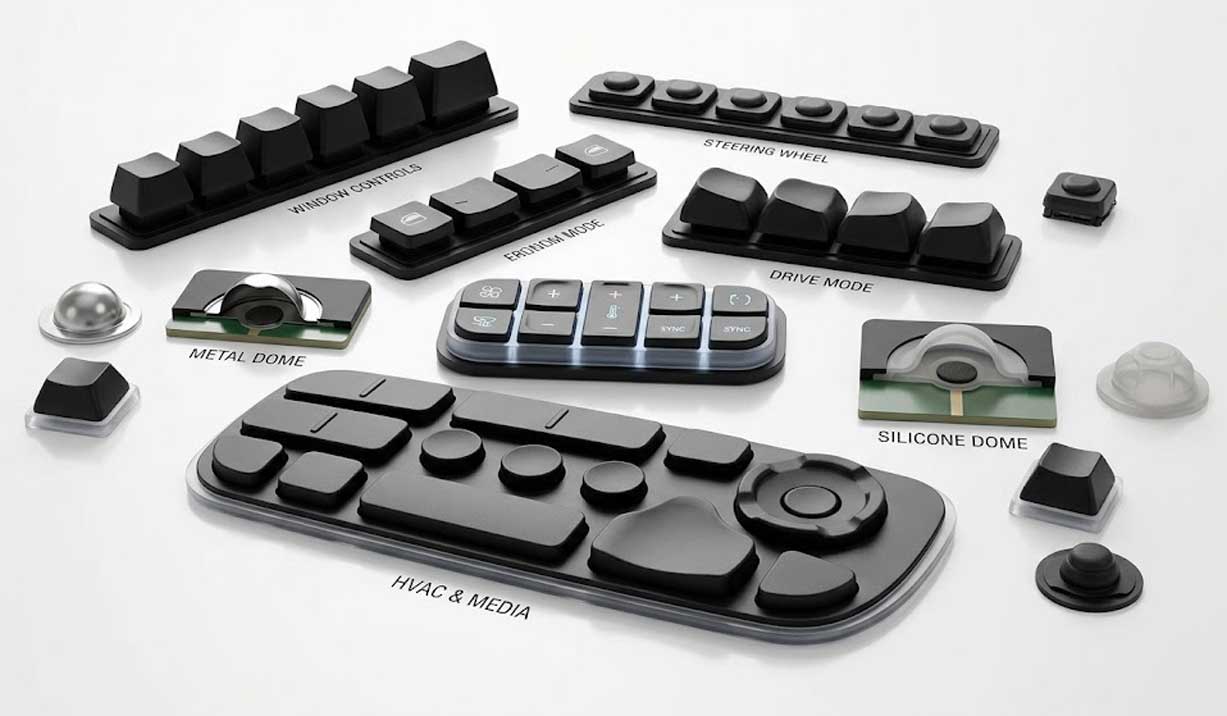 A studio arrangement of Automotive Electronics Silicone Keypads featuring diverse button shapes heights and internal cross sections
