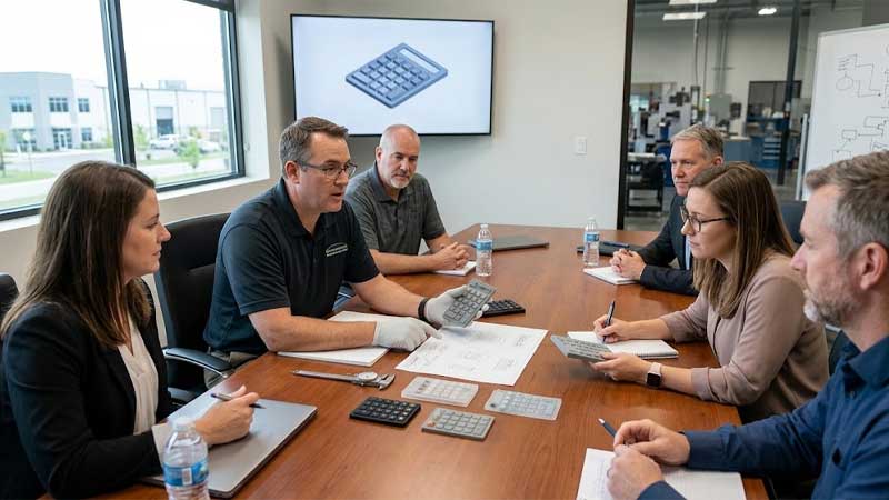 A team of professionals reviews custom silicone keypad samples and specifications around a conference table