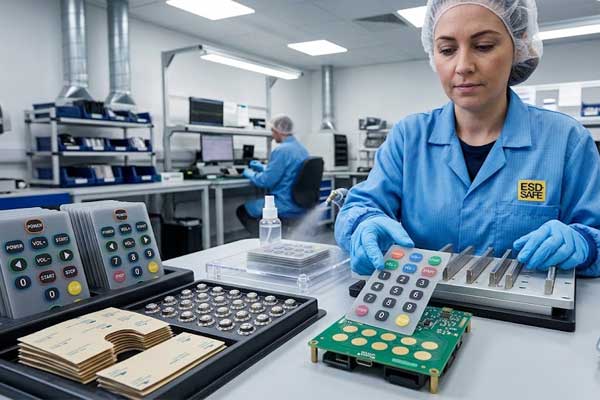 A technician applies protective spray and assembles a screen printed silicone keypad onto a PCB at a workstation