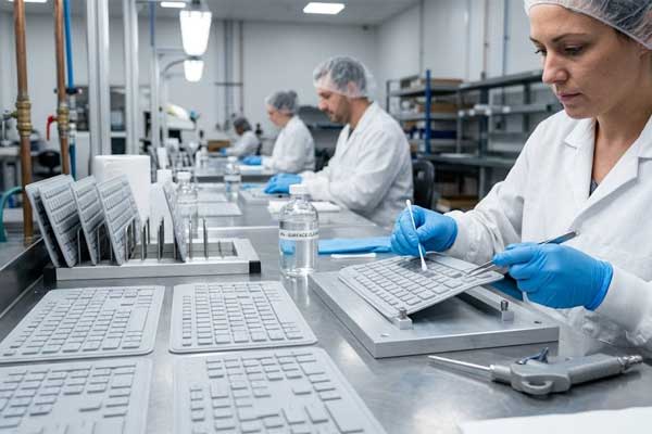 A technician cleans screen printed silicone keypad components on a clean room workstation before surface processing