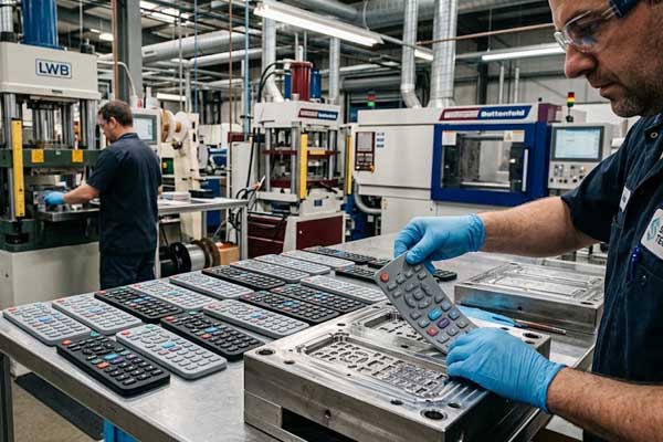 A technician inspects freshly molded screen printed silicone keypads on a factory production table with machines in the background