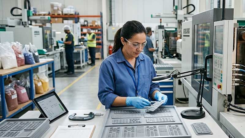 A technician inspects molded silicone keypad parts next to molding machinery in a factory
