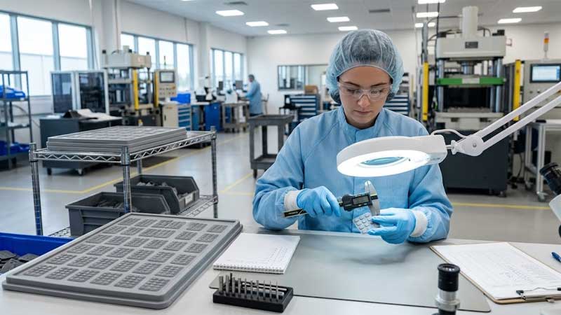 A technician measures a molded silicone keypad sample using digital calipers in a clean factory quality control room