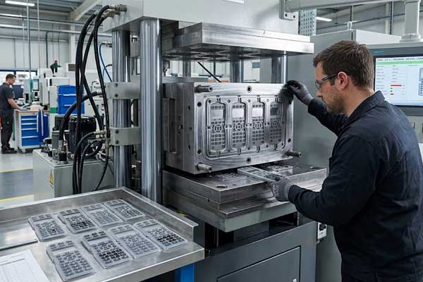 A technician operates a compression molding machine to produce a laboratory equipment silicone keypad in a factory setting