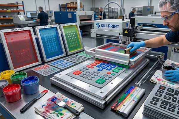 A technician operates a printing machine to apply graphics onto a screen printed silicone keypad in a factory