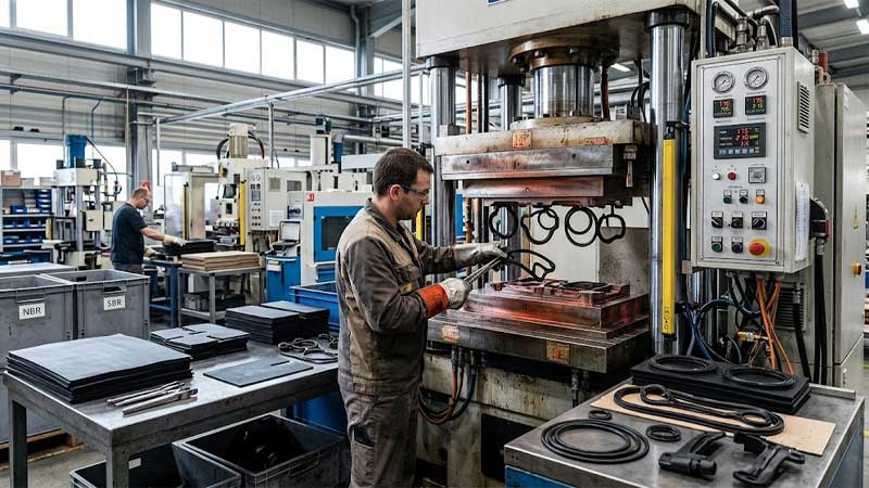 A technician removes molded synthetic rubber seals from a heated hydraulic press in a modern manufacturing workshop