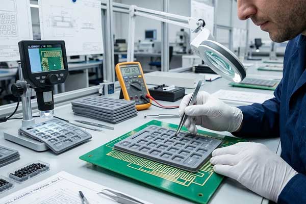 A technician uses tweezers to position conductive carbon pills on the back of a laboratory equipment silicone keypad
