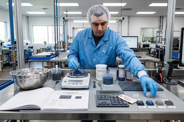 A technician weighs silicone compounds on a digital scale next to keypad samples and technical specifications in a laboratory