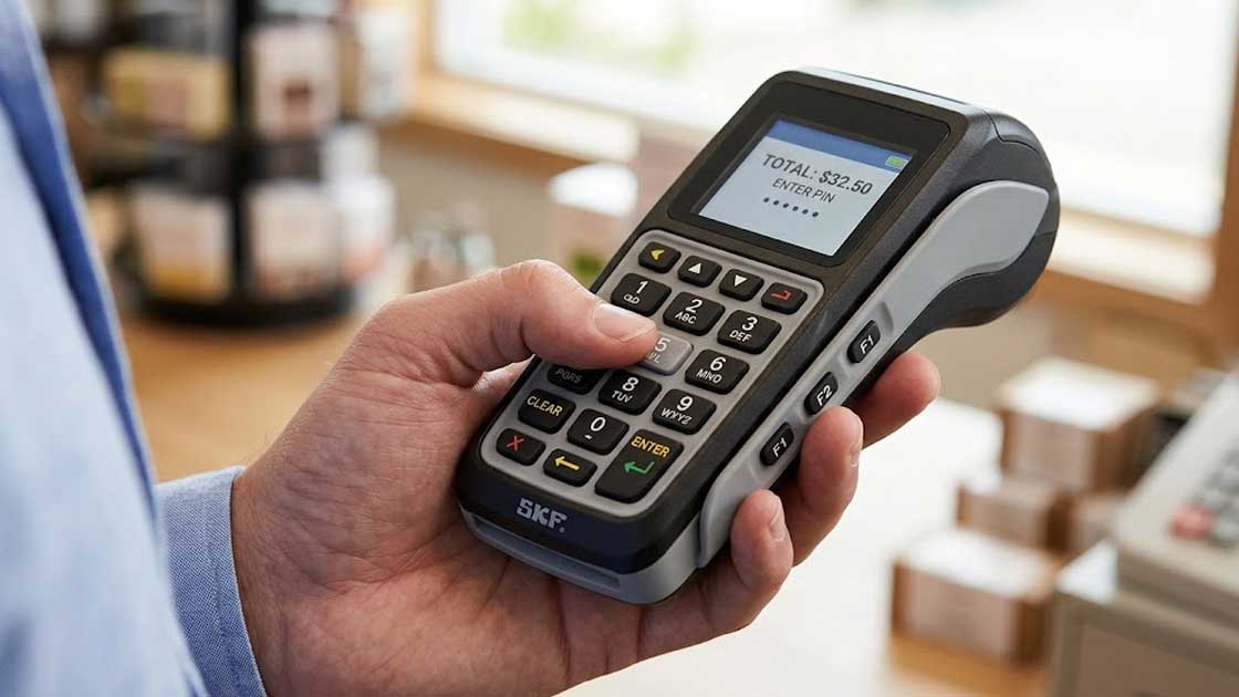 A user holds a compact handheld POS terminal and operates its custom silicone keypad with side auxiliary buttons