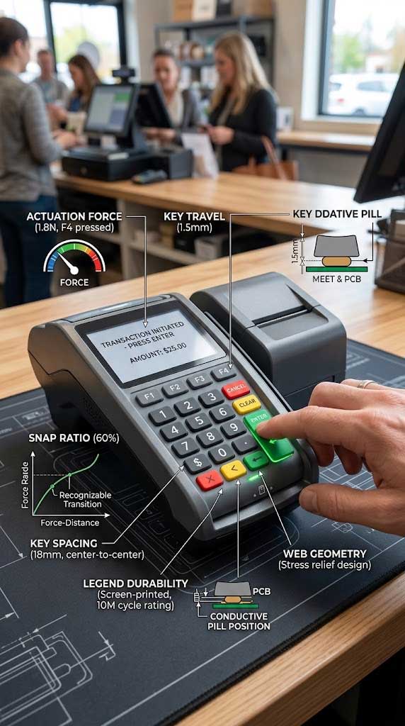 A user pressing a POS terminal silicone keypad on a counter with technical overlay callouts detailing tactile feedback specifications