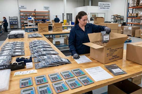 A worker packs bagged laboratory equipment silicone keypad parts into shipping cartons on a factory packing table