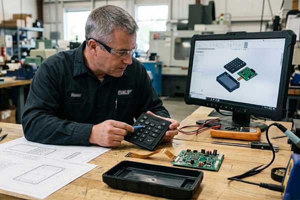 An SKF engineer reviews a conductive silicone keypad at a workbench with PCBs CAD drawings and technical blueprints