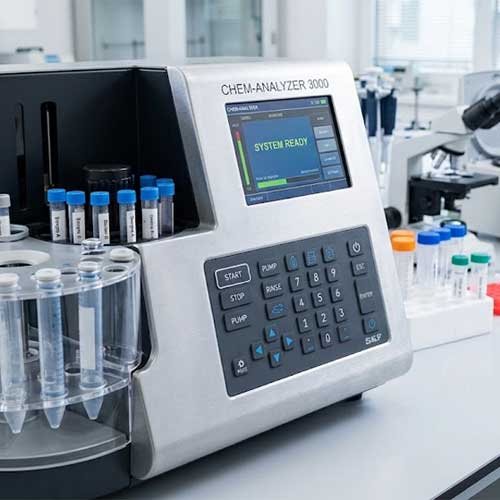 An analytical instrument featuring a custom laboratory equipment silicone keypad on a modern lab bench with vials and microscopes 3