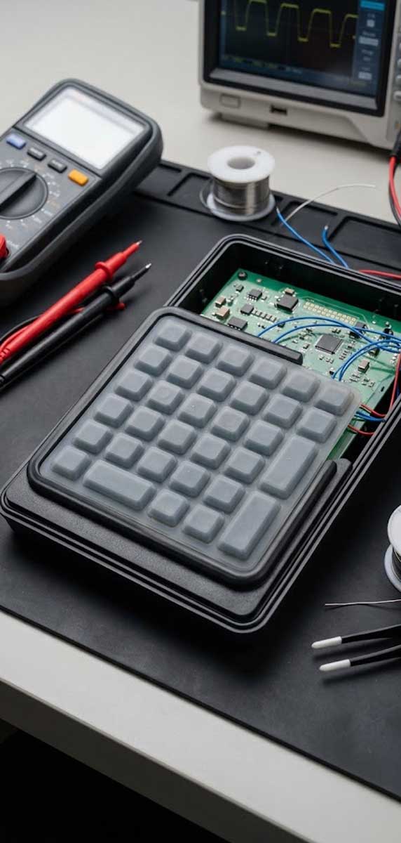 An assembled conductive silicone keypad positioned over a PCB inside an enclosure on an engineering workbench