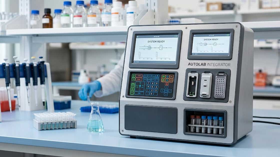 An automated laboratory system with an integrated laboratory equipment silicone keypad unit on a clean workbench