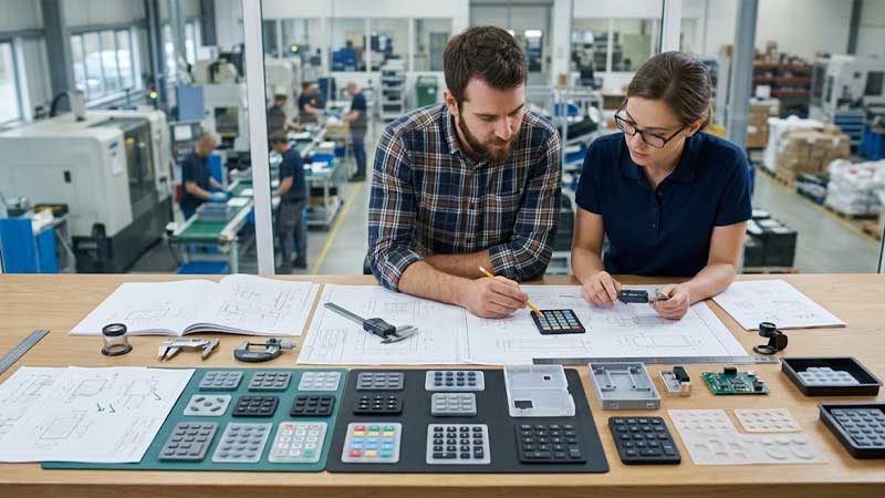 An engineer and designer review silicone keypad prototypes and technical drawings on a workstation in a factory office
