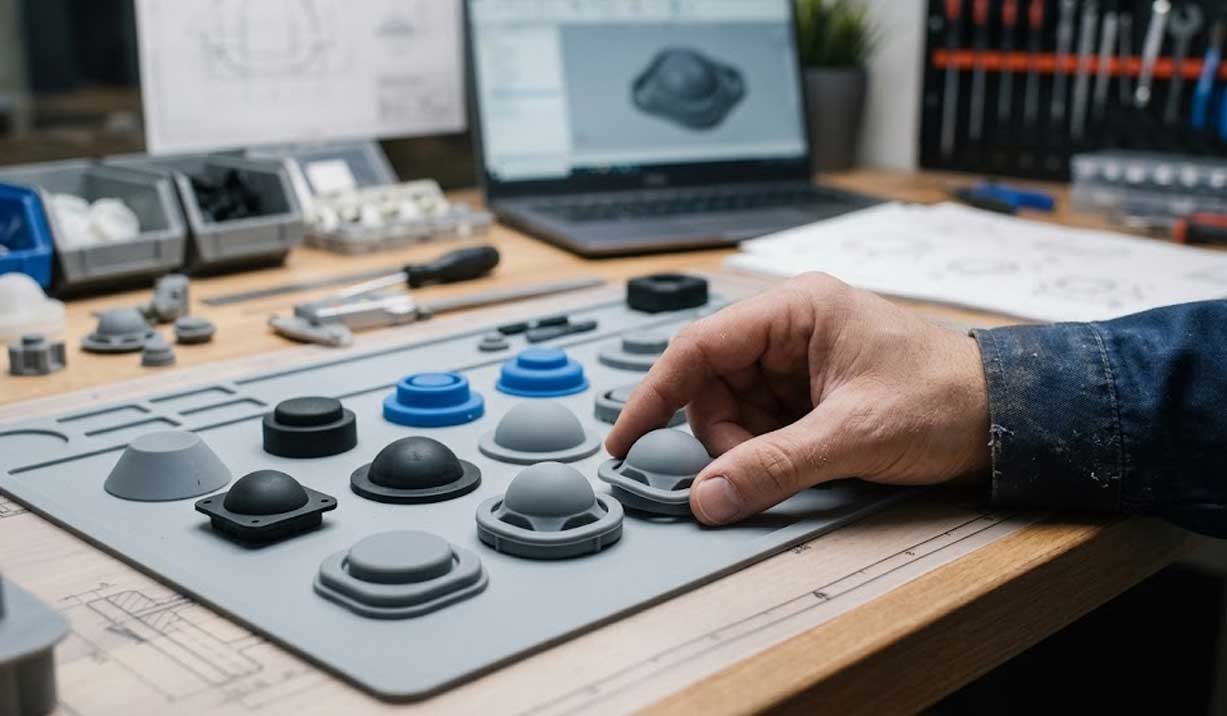 An engineer examines tactile silicone buttons with various dome geometries on a workbench in a design workshop