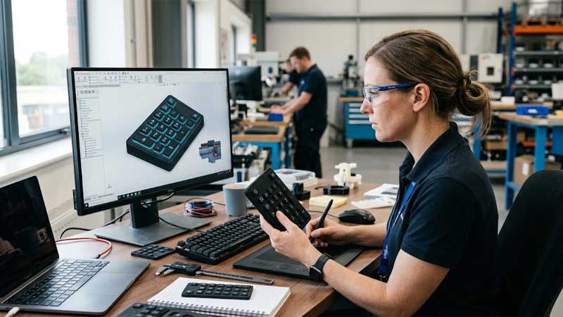 An engineer holds a custom silicone keypad while reviewing its 3D CAD model on a computer monitor in a workspace