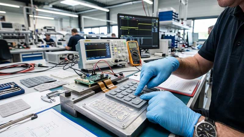 An engineer in a factory laboratory tests the tactile response of a custom silicone keypad prototype using testing equipment