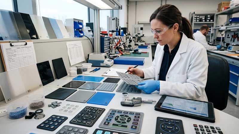 An engineer in a lab coat evaluates silicone rubber samples and custom keypads on a clean workstation