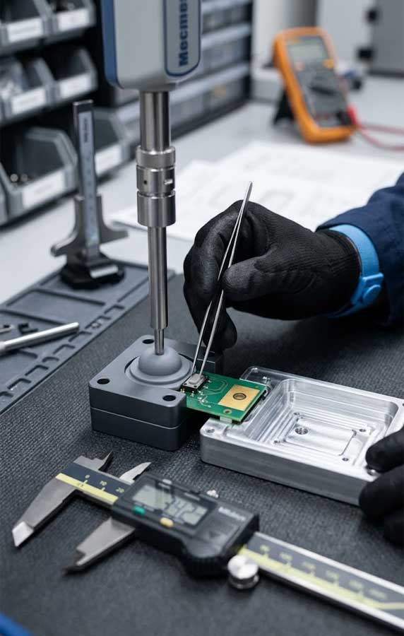 An engineer in black gloves evaluates tactile silicone buttons using force testing equipment and digital calipers in a workshop