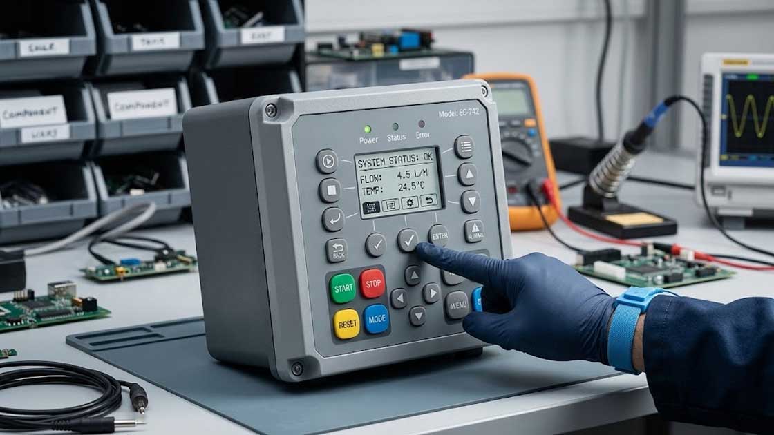 An engineer in gloves operates an electronic control unit featuring tactile silicone buttons in a professional lab workspace