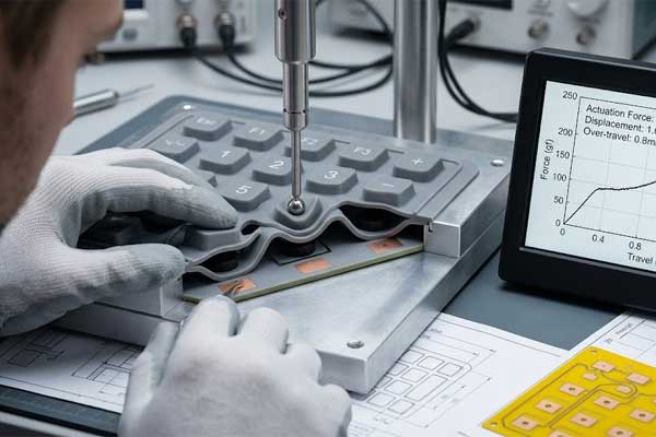 An engineer in gloves tests a tactile silicone keypad on a fixture with a probe and a graph monitor while using tweezers on a PCB