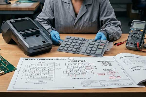 An engineer inspects a silicone keypad against technical drawings and a POS terminal housing on an organized workbench