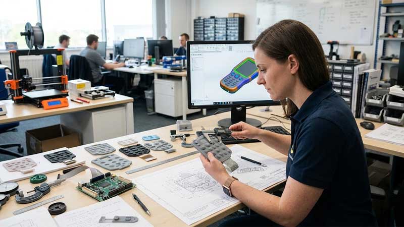 An engineer inspects a silicone keypad prototype using calipers next to CAD software and technical drawings in an office