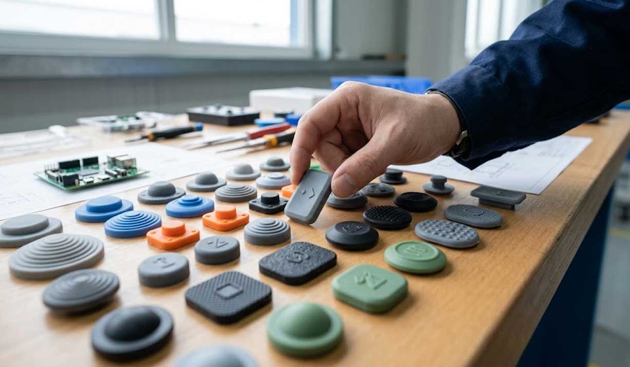 An engineer inspects custom tactile silicone buttons with diverse surface finishes and textures arranged on a wooden table