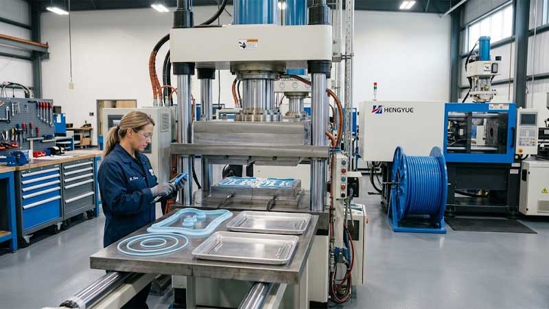 An engineer inspects freshly molded blue silicone components next to a clean compression molding press in a high tech facility