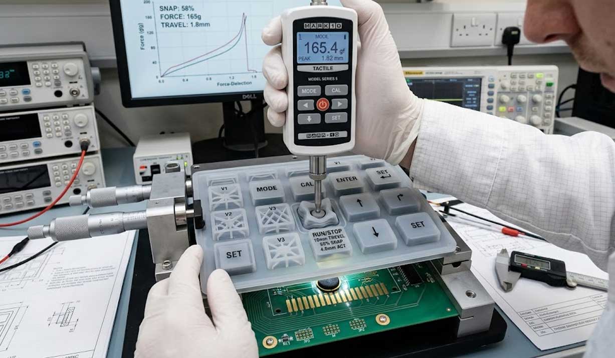 An engineer measures button actuation force on a laboratory equipment silicone keypad using a digital force gauge in a testing lab