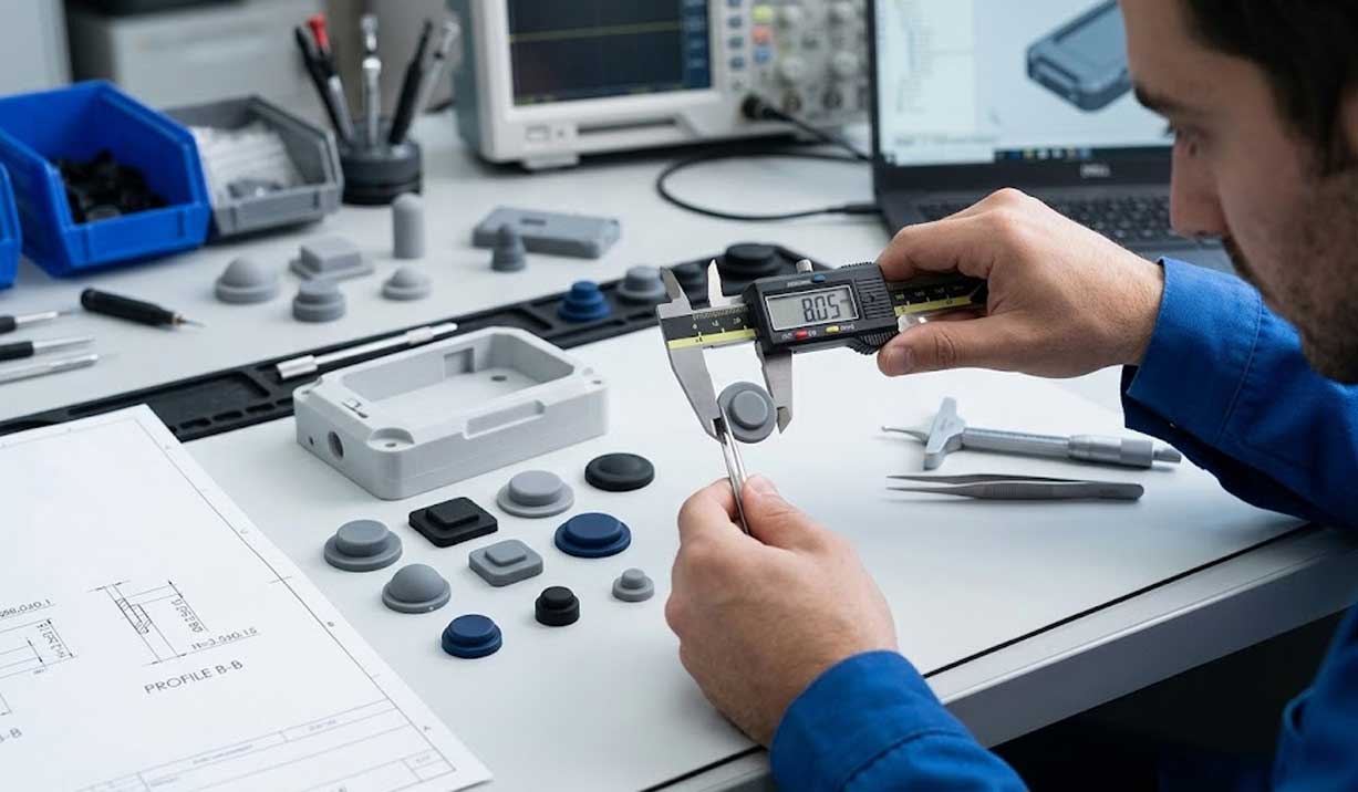 An engineer measures custom tactile silicone buttons with digital calipers beside technical drawings in an RD workspace