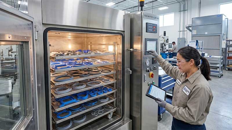 An engineer monitors silicone components inside a large industrial post curing oven during secondary vulcanization