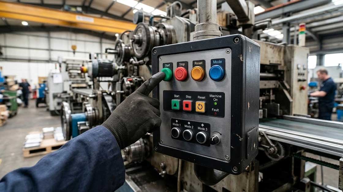 An engineer operates an industrial control panel featuring tactile silicone buttons in a factory setting