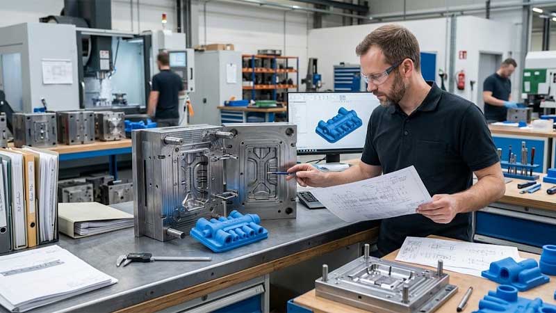 An engineer reviews a technical drawing next to a custom steel mold and blue silicone prototype in a workshop
