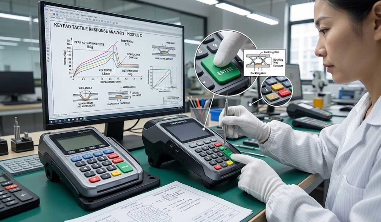 An engineer testing silicone POS keypad tactile response next to a monitor displaying actuation force curves and cross section web diagrams