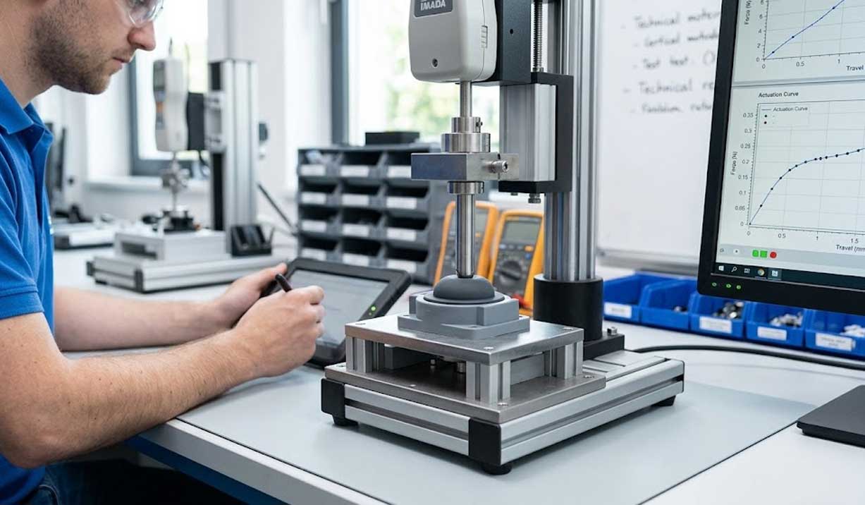 An engineer tests the actuation force of tactile silicone buttons using a precision measurement gauge in a lab setting