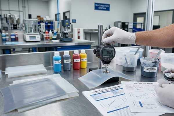 An engineer tests the hardness of raw silicone material for laboratory equipment silicone keypad manufacturing on a stainless steel workbench