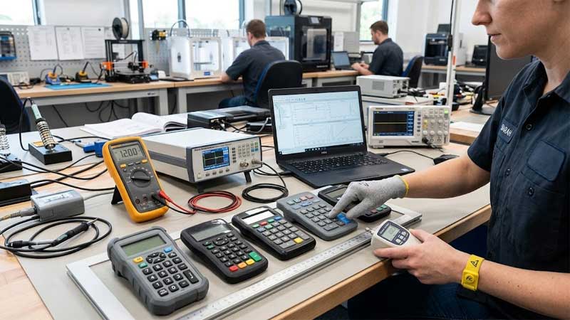 An engineer tests various silicone keypad prototypes on a bench using electronic meters in a development lab