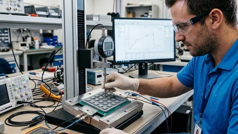 An engineer uses a digital force gauge to test actuation force on a custom silicone keypad prototype in a testing lab