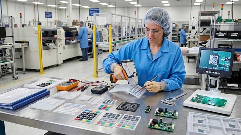 An engineer uses a handheld spectrometer to inspect silicone keypads and circuit boards on an electronics workbench