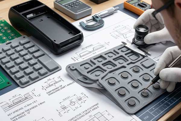 An engineer uses a loupe to inspect conductive carbon pills on a silicone keypad during a DFM evaluation next to blueprints and a PCB