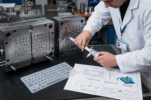 An engineer uses digital calipers to measure a steel mold cavity for a tactile silicone keypad beside a prototype and engineering drawings