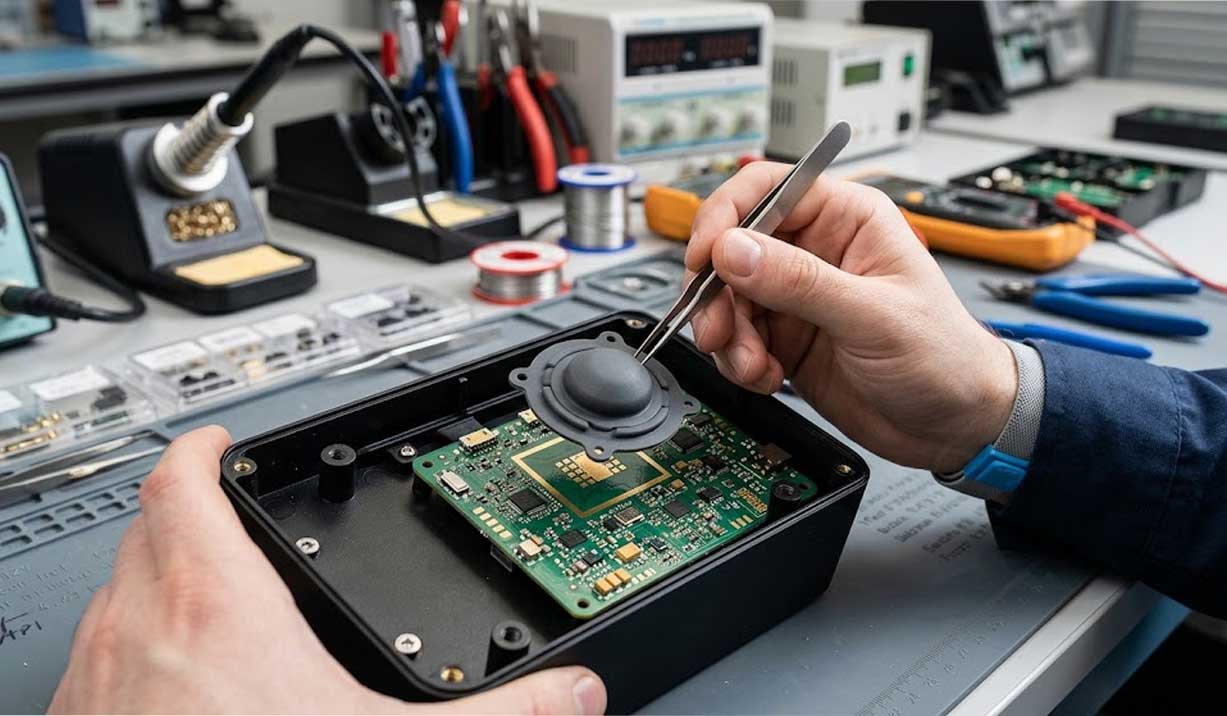 An engineer uses tweezers to align tactile silicone buttons over a PCB inside a device housing in an electronics workspace