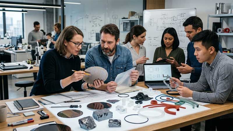 An engineering design team reviewing silicon semiconductor wafers and molded silicone rubber components around a table
