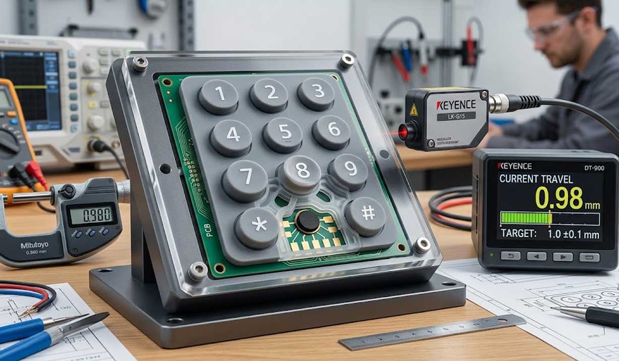 An engineering test setup measures key travel on a tactile silicone keypad using a Keyence laser sensor micrometer and digital display