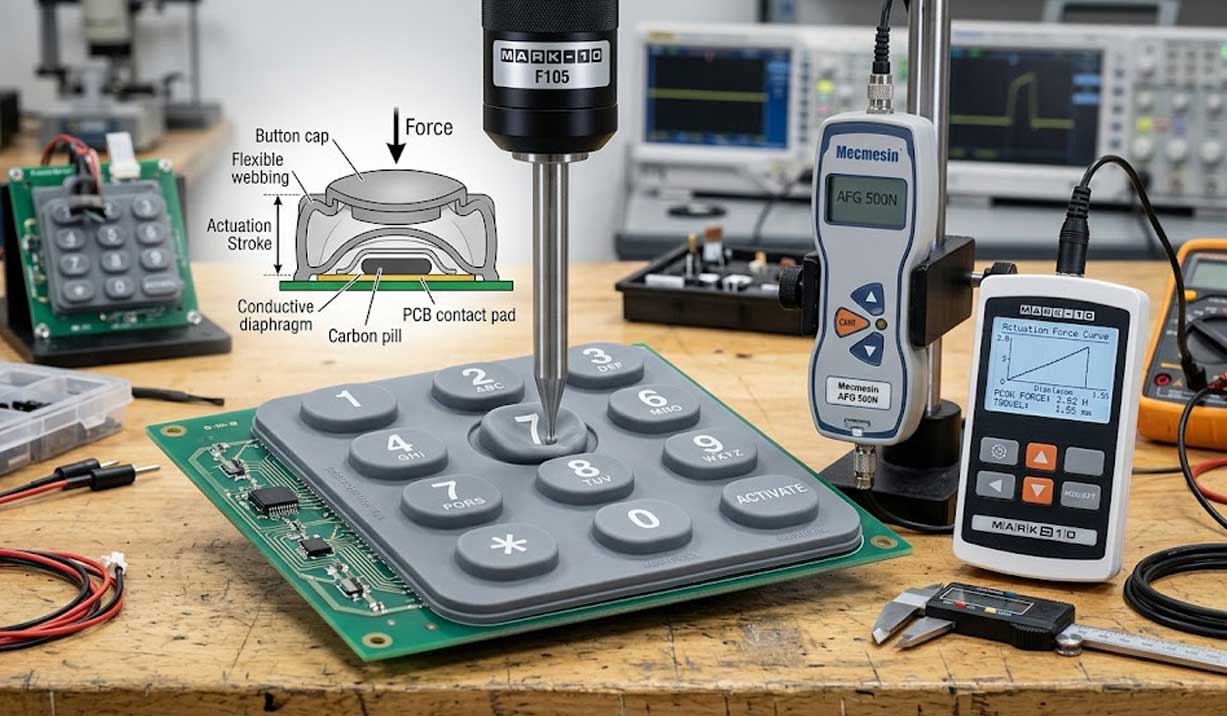 An engineering workbench setup shows a force gauge testing a button on a tactile silicone keypad with a structural diagram and data display