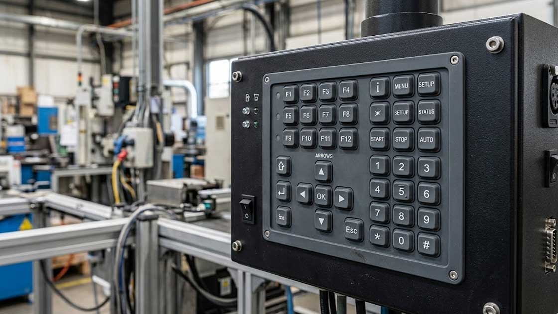 An industrial control panel featuring a custom conductive silicone keypad mounted on a dark enclosure in a clean automation facility