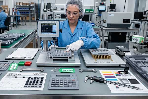 An inspector tests the actuation force of a silicone keypad using a tactile tester on a workstation with quality control tools